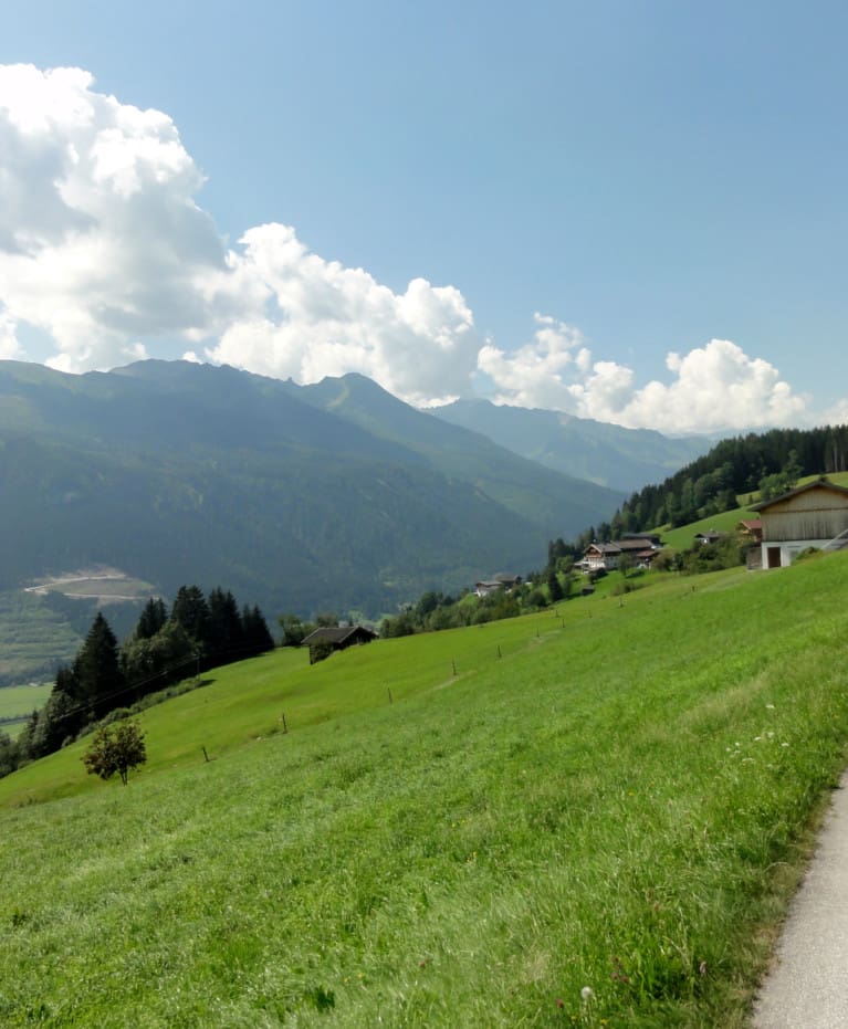 Ein gepflasterter Weg führt entlang grüner Wiesen mit verstreuten Häusern in der Nähe eines charmanten Wanderhotels; in der Ferne erheben sich bewaldete Hügel und hohe Berge unter einem teilweise bewölkten Himmel.